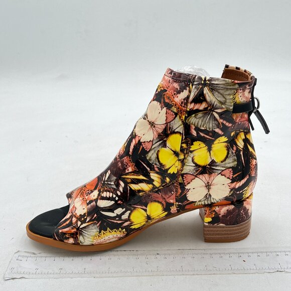 FSJ Brown Butterfly Print Peep Open Toe Cut Out Buckle Block Low Heel Ankle Boot - Picture 2 of 8